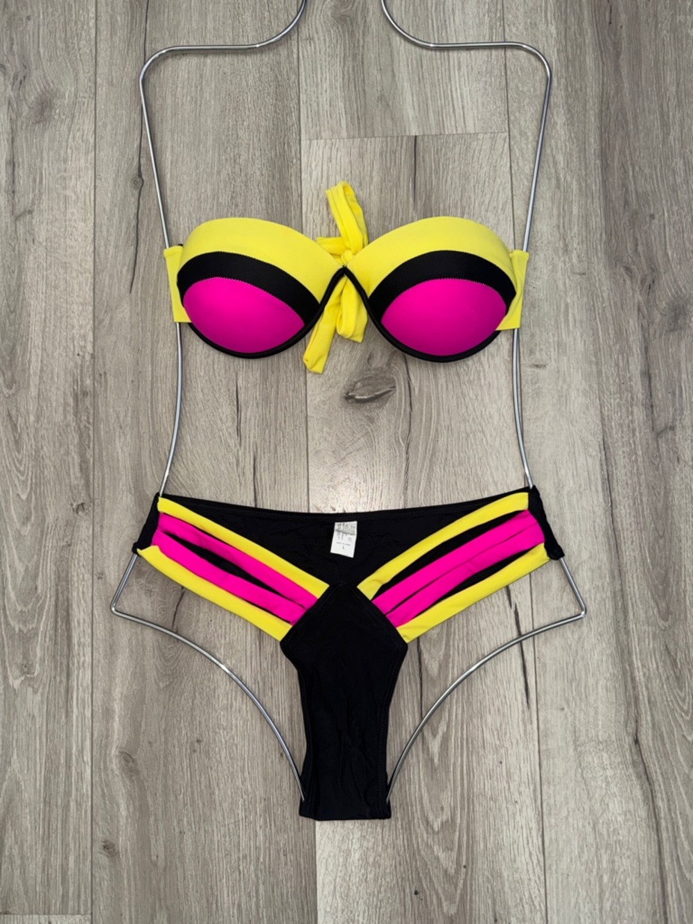 Neon Yellow & Hot Pink Colorblock Strapless Bikini